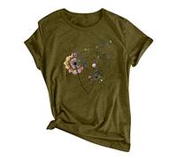 Azruma T-Shirts FüR Damen Damen Shirt Kurzarm LäSsig Uv Shirt Sommer Pusteblume Drucken Rundhals Roll Up ÄRmel Oberteil LäSsig Rundhalsausschnitt Kurzarm Bluse Team Braut Tshirt (2-Army Green, L)
