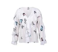 Azruma T-Shirts FüR Damen Dirndlbluse Spitze Cropped Shirt Damen Damen Chiffon Mode Bedruckt V-Ausschnitt RüSchen KnöPfleiste Langarmshirt Klassische Hemd Anime Shirt (Blau, M)