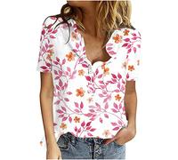 Azruma T-Shirts FüR Damen Tshirt Oberteile Damen Sommer Locker Casual Leinen Drucken Button-Down Stehkragen Kurzarm Oberteile FüR Frauen RüSchenbluse (1-Red, S)