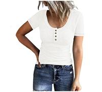 Azruma T-Shirts FüR Damen WeißEs Top Damen LäSsig Uv Shirt Sommer Einfarbige Rundhals Kurzarm Spitze Gerippten StrickknöPfen Slim Fit Oberteile Damenblusen Kurzarm (Weiß, XXL)