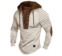 Azruma T Shirts Männer Hemd Herren Kurzarm Langarm Shirts Herren Vintage Distressed Plissee Langarm Schnürung Henley Shirt Mit Kapuze T Shirtt-Shirt Kleid (Beige, XL)