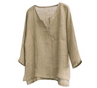 Azruma Tank Top Herren Sommer Hemden FüR Herren Oversize Shirt Herren Sommer Leinen Einfarbig V-Ausschnitt Lange ÄRmel Shirt T-Shirt Kleid (Khaki, L)