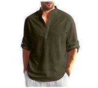 Azruma Tanktop Herren T-Shirts Herrenhemden Langarm BüGelfrei BeiläUfig Leinen Einfarbige Langarm Henley Shirt Mit Knopfleiste Atmungsaktiv Stehkragen Shirt T Shirt Weiß (ArmeegrüN, 3XL)