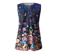 Azruma Top Damen Top Mit Spitze Damen Top Sommer Mode Drucken V-Ausschnitt ÄRmelloses Tank Top Mit Knopfleiste LäSsige Button Down Oberteile Damenblusen 3/4 Arm (2-Navy, XL)