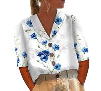 Azruma Tshirt Damen Oversize äRmelloses Shirt Damen Shirtkleid Freizeit Schmetterling Drucken Umlegekragen V-Ausschnitt Kurzarm Shirt Damen Sport Shirt (Blau, XXL)