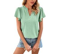 Azruma Tshirt Damen Oversize Ausgefallene Oberteile Damen Tankini Damen Bauchweg Damen Vintage Einfarbig V-Ausschnitt BlüTenblattäRmeln Shirt KurzäRm Hohl-Bluse Weisse Tshirts Damen (MinzgrüN, M)