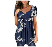 Azruma Tshirt Damen Oversize Festliche Oberteile Damen Zur Hochzeit Tankini Damen Elegant Drucken/Glitzer Plissee Button Down V Ausschnitt Kurzarm GroßE GrößEn Shirt Wickelshirt Damen (1-Navy, 4XL)