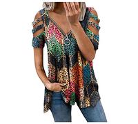 Azruma Tshirt Damen Sommer Basic Top Damen Damen Langarmshirt Vintage Drucken V-Ausschnitt Kurzarm Hollow Out Plus Size T Shirt Mit Zipper LäSsiges Plissee Oberteile RüSchenbluse (2-Multicolor, XXL)