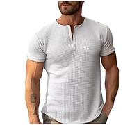 Azruma Tshirt Herren Henley Shirt Herren Linen Shirt Men Vintage Einfarbige V-Ausschnitt Kurzarm Tshirt Bequem Slim Fit Kurzarmshirt Casual Oberteil Basic Shirt T Shirt Herren Langarm (Weiß, XL)