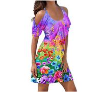 Azruma Tunika Kleid Damen Festliche Kleider Abendkleider Brautmutterkleider Für Hochzeit Grünes Kleid Frauen Casual Drucken Rundhals Kalte Schulter Kurz Kleider (3-Purple, S)