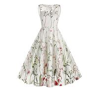 Azruma Tunika Kleid Damen Kleid A Linie Sommer Sommerkleid Damen Weiß Badekleider Vintage 50Er Jahre Blumendruck Rundhals Ärmellos Rockabilly A-Line Swing Kleid Langarm Kleider Damen (Weiß, XXL)