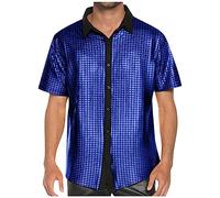 Azruma Unterhemden Herren Sweatshirt Herren Ohne Kapuze Hemden Sommer Baumwolle Glitzer Umlegekragen Kurzarm Hemd Mit Knopfleiste Bequem Shirts Basketball Shirt Herren (Blau, XL)