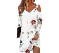 Azruma Warehouse Deals Angebote, Sommerkleid Damen Knielang Kleid Damen Blumendruck V-Ausschnitt Langarm Bluse Kleid Lässiges Mini Eyelet Kleider Boho-Kleid Blusenkleid(Light Gray,M)