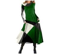 Azruma Warehouse Deals Angebote, Sommerkleid Strandkleid Damen Luftig Druck Rundhals Maxikleid Taille Langarm Kleid Mit Tasche Hochzeitsgast Kleid Damen Kleider Damen Sommer Lang(Green,S)