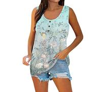 Azruma WeißEs T-Shirt Damen Locker äRmelloses Shirt Damen Tankini Damen Casual Drucken Button Down U Ausschnitt ÄRmellos Oversize Tank Tops Cardigan Damen (3-Blue, L)