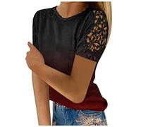 Azruma WeißEs T-Shirt Damen Locker Blusenshirt Damen Bier Tshirt Frauen Spitze Hollow Out Farbverlauf Drucken Bluse Elegant Rundhals Kurzarm Tshirt T-Shirts FüR MäDchen (Wein, XL)