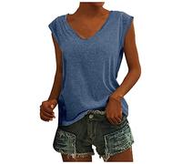 Azruma WeißEs T-Shirt Damen Locker Chiffon Bluse Damen SprüChe Tshirt Elegant Einfarbig Baumwolle V-Ausschnitt Tank Top Sommer ÄRmellose/Kurzarm Blusentop Tunika Damen (Blau, XL)