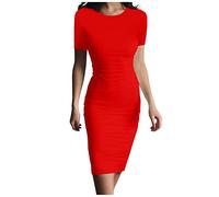 Azruma Winterkleid Damen Hochzeitskleid Rotes Kleid Damen Festlich GeldböRse Damen Slim Fit Rundhals Kurzarm Mini Kleid Elegant Kurz Bleistiftkleid Sommer Einfarbig Party HüFtkleid（ Rot ， M
