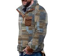 Aztec Fleece Pullover Herren Ohne Kapuze Fleecepullover mit Tasche Winterpullover Männer Fleecejacke Button down Sweatshirt Warm Vintage Norweger Pullover Fuzzy Sherpa Sweatpullover Khaki 3XL