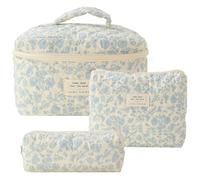 AZURAOKEY Gesteppte Make-up-Tasche aus Baumwolle, bedruckt, für Damen, kokett, ästhetisch, Blumenmuster, große Kapazität, Reißverschluss, Baumwolle, 3-teiliges Set, 3 Stück - A, Lässig