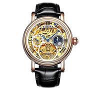 B BINGER Skelett Herren Automatik Uhr Steampunk Mechanische mit Leder Armband(Rose Gold Weiß)