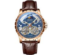 B BINGER Skelett Uhren für Herren Automatik Mechanische Ailang Armbanduhr mit Dual Balance Räder (Roségold Blau)