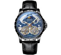 B BINGER Skelett Uhren für Herren Automatik Mechanische Ailang Armbanduhr mit Dual Balance Räder (Schwarz Blau)