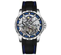 B BINGER Skelett Uhren für Herren Automatik Mechanische mit Dual Balance Räder (Silber Blau)