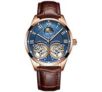 B BINGER Skelett Uhren Herren Automatik Mechanische Ailang Dual Balance Räder Armbanduhren (Roségold Blau)