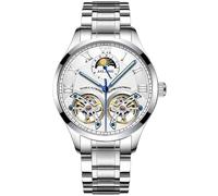 B BINGER Skelett Uhren Herren Automatik Mechanische Ailang Dual Balance Räder Armbanduhren (Silber Weiß-B)