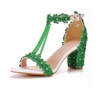 BAADCUP Damen Offen Toe Pumps Strass Dicker Absatz High Heels T-Spangen Pumps Damen Slingpumps Mode Sexy Weibliche High Heels Party Hochzeit Kleid Schuhe Glitzer Abend Schuh (grün,38)