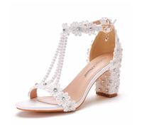 BAADCUP Damen Offen Toe Pumps Strass Dicker Absatz High Heels T-Spangen Pumps Damen Slingpumps Mode Sexy Weibliche High Heels Party Hochzeit Kleid Schuhe Glitzer Abend Schuh (weiß,36)