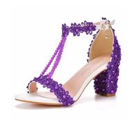 BAADCUP Damen Offen Toe Pumps Strass Dicker Absatz High Heels T-Spangen Pumps Damen Slingpumps Mode Sexy Weibliche High Heels Party Hochzeit Kleid Schuhe Glitzer Abend Schuh (lila,41)