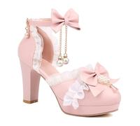 BAADCUP Süße Bogen Lolita Prinzessin Heels Pumps Schnall Blockabsatz Sandalen Chunky Anhänger Schuhe 9cm Hochzeitsfest-Kleid-Schuhe (Rosa,46), WYP0176