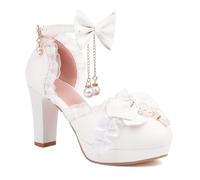 BAADCUP Süße Bogen Lolita Prinzessin Heels Pumps Schnall Blockabsatz Sandalen Chunky Anhänger Schuhe 9cm Hochzeitsfest-Kleid-Schuhe (weiß,44), WYP0176