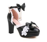 BAADCUP Süße Bogen Lolita Prinzessin Heels Pumps Schnall Blockabsatz Sandalen Chunky Anhänger Schuhe 9cm Hochzeitsfest-Kleid-Schuhe (schwarz,41), WYP0176