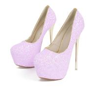 BAADCUP Thick Plateau Glitzer Pumps High Heels Sexy Damen Stiletto High Heel 16cm Party Hochzeit Kleid Schuhe (lila,45)