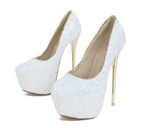 BAADCUP Thick Plateau Glitzer Pumps High Heels Sexy Damen Stiletto High Heel 16cm Party Hochzeit Kleid Schuhe (weiß,38)
