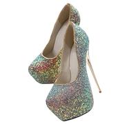 BAADCUP Thick Plateau Glitzer Pumps High Heels Sexy Damen Stiletto High Heel 16cm Party Hochzeit Kleid Schuhe (blau,45)