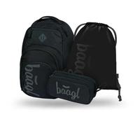 Baagl Set mit drei schwarzen Produkten: Rucksack, Federmäppchen und Beutel