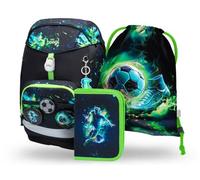 Baagl Schulranzen Jungen Set 3 Teilig (Airy Plus Schultasche für 1. Klasse, Mäppchen, Turnbeutel), Grundschule Ranzen, Ergonomischer Schulrucksack Vorschule - 25 l (Fußball)