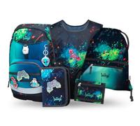 Baagl Schulranzen Jungen Set 5 Teilig (Airy Plus Schultasche für 1. Klasse, Mäppchen, Turnbeutel, Schürze, Brustbeutel), Grundschule Ranzen, Ergonomischer Schulrucksack, 25 l (Chill)
