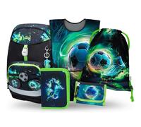 Baagl Schulranzen Jungen Set 5 Teilig (Airy Plus Schultasche für 1. Klasse, Mäppchen, Turnbeutel, Schürze, Brustbeutel), Grundschule Ranzen, Ergonomischer Schulrucksack, 25 l (Fußball)