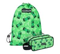 Baagl Minecraft Federmäppchen und Turnbeutel Set 2 Teilig für Jungen und Mädchen, Schule Mäppchen, Gymsack, Federmappe, Schuhbeutel, Federtasche für Teenager, Kinder Etui (Creeper)