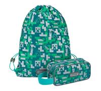 Baagl Minecraft Federmäppchen und Turnbeutel Set 2 Teilig für Jungen und Mädchen, Schule Mäppchen, Gymsack, Federmappe, Schuhbeutel, Federtasche für Teenager, Kinder Etui (Silver Creeper)