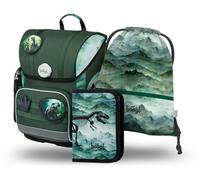 Baagl Schulranzen Jungen Mädchen Set 3 Teilig, Ergo Schultasche für 1. Klasse, Ergonomische Grundschule Ranzen Tornister mit Brustgurt (Dino)