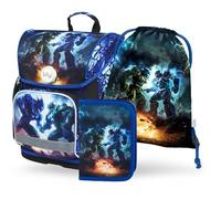 Baagl Schulranzen Jungen Mädchen Set 3 Teilig, Ergo Schultasche für 1. Klasse, Ergonomische Grundschule Ranzen Tornister mit Brustgurt (Roboter)