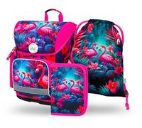 Baagl Schulranzen Jungen Mädchen Set 3 Teilig, Ergo Schultasche für 1. Klasse, Ergonomische Grundschule Ranzen Tornister mit Brustgurt (Flamingos)