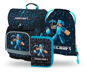 Baagl Schulranzen Jungen Mädchen Set 3 Teilig, Ergo Schultasche für 1. Klasse, Ergonomische Grundschule Ranzen Tornister mit Brustgurt (Minecraft Blue Axe)
