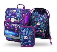 Baagl Schulranzen Jungen Mädchen Set 3 Teilig - Jungle Panda | Ergonomischer Grundschule Tornister mit Brustgurt, reflektierenden Elementen und verstellbarem Rückensystem.